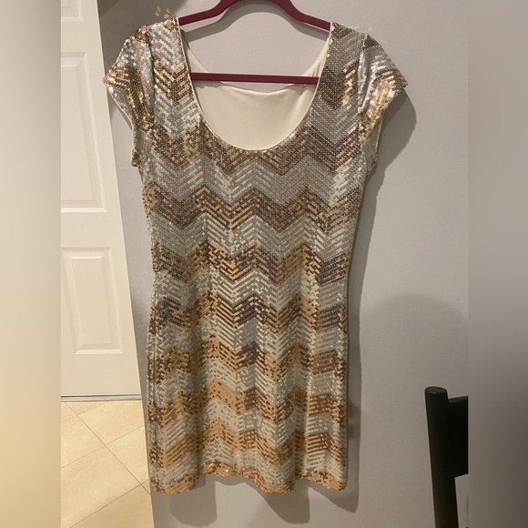white house black market gold sequin dress Sequin Pleated Dress